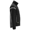 The Snickers 8004 AllroundWork, 37.5® Fleece Jacket in black is shown from the side, highlighting a high collar, silver zipper pockets, gray diagonal stripe with text on the upper sleeve, and the yellow logo near the hem.