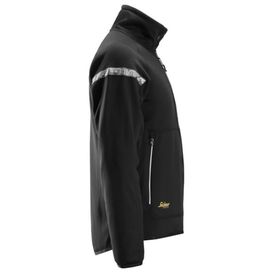 The Snickers 8004 AllroundWork, 37.5® Fleece Jacket in black is shown from the side, highlighting a high collar, silver zipper pockets, gray diagonal stripe with text on the upper sleeve, and the yellow logo near the hem.