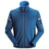 A black Snickers 8004 AllroundWork, 37.5® Fleece Jacket with a high collar, black front and sleeve zippers, zippered side pockets, and small patch designs on the sleeves near the shoulders for added style.