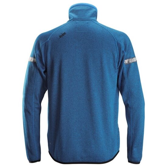A black Snickers 8004 AllroundWork 37.5® Fleece Jacket shown from the back, featuring long sleeves, a high collar, and subtle branding details on the shoulders and upper back.