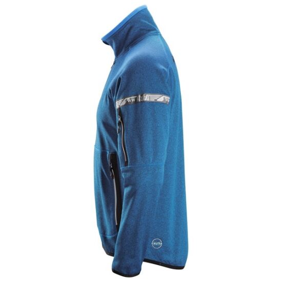 A black Snickers 8004 AllroundWork, 37.5® Fleece Jacket shown from the side, featuring a high collar, zippered upper arm pocket, and a small logo near the bottom hem.