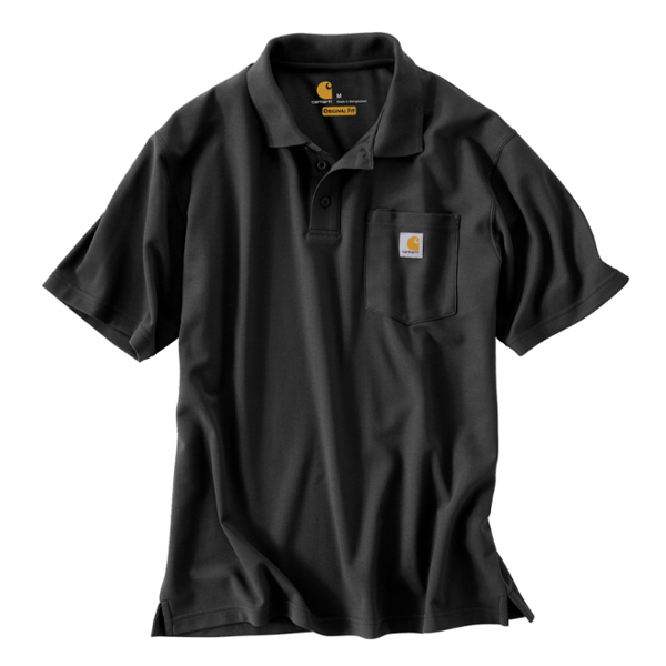 A black short-sleeve polo with a collar, three buttons, and a chest pocket with a Carhartt logo patch—perfect to pair with your Carhartt AH4068 Insulated Logo Graphic Cuffed Beanie. The shirt is laid flat on a white background.