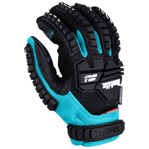 The Makita P-84470 Advanced ANSI 2 Impact-Rated Demolition Gloves, Large Size 9, feature a black and teal design, reinforced knuckle guards, textured grip, and an adjustable wrist strap for heavy-duty protection.
