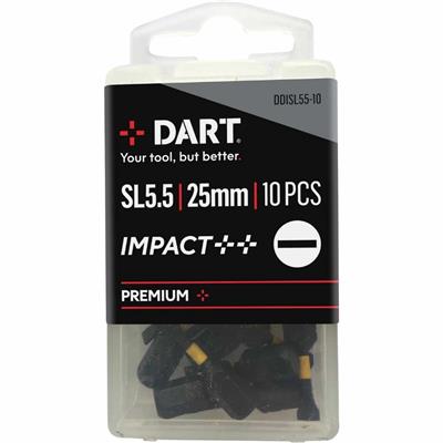 A plastic box labeled DART SL5.5 | 25mm | 10 PCS IMPACT PREMIUM contains 10 black DART DDISL45-10 Slotted 4.5 x 0.6 x 25mm Impact Driver Bits, visible through the clear lower half of the packaging.