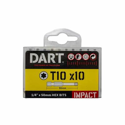 A package of DART T10 x10 1/4 x 50mm hex bits for impact drivers, with a yellow and black label and a clear plastic case.