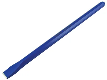 A blue cold chisel with a flat, wedge-shaped metal blade on one end and a rounded handle on the other end, used for cutting or shaping metal or stone.