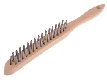A wooden-handled wire brush with a row of stiff metal bristles, used for cleaning or scrubbing surfaces.