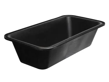 A black, rectangular plastic mixing tub with rounded corners, typically used for mixing concrete or mortar.