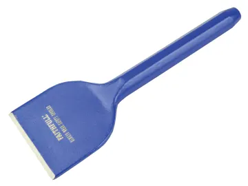A blue-handled cold chisel with a wide, flat metal blade and the brand name Faitfull printed in white on the blade end.