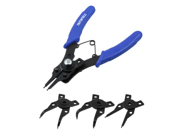 A pair of snap ring pliers with blue handles and a metal pivot, shown with three sets of interchangeable black tips arranged below the tool.