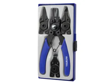 A set of snap ring pliers with blue handles in a white and blue plastic case, including multiple interchangeable black tool heads arranged neatly.