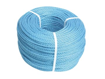 A large coil of blue synthetic rope neatly wound and secured with two white plastic ties, shown against a plain white background.