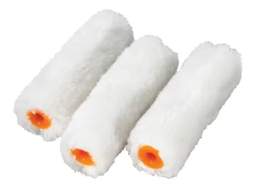 Three white, fluffy paint roller covers with orange plastic cores are arranged side by side on a white background.