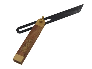 The Faithfull FAISB9 Sliding Bevel 230mm (9in) has a wooden handle, brass accents, and an adjustable black metal blade, perfect for marking and transferring angles in woodworking.