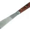 A metal scraper tool with a wide, flat stainless steel blade and a wooden handle featuring brass rivets and a hanging hole.