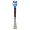 A metal putty knife with a brown wooden handle and a blue label attached to the top, displayed against a white background.