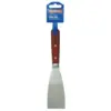 The Faithfull FAIST104 Professional Stripping Knife 64mm features a wide, flat metal blade and wooden handle, shown vertically with its packaging at the top.