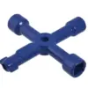 A blue, cross-shaped radiator key with four socket ends, designed for opening and closing radiator valves, similar in professional utility to the Faithfull FAIST104 Professional Stripping Knife 64mm.