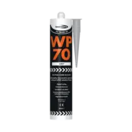 A tube of Bond-It WP70 LMN Oxime Silicone - Grey, featuring bold orange and white text on a black background, is designed for quick curing and professional sealing.