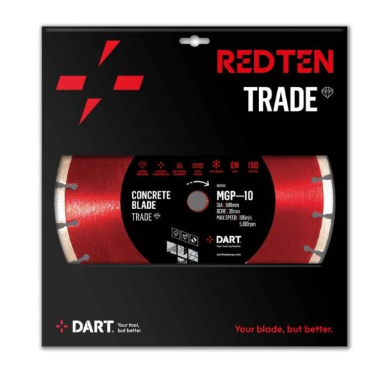The DART DB00100 Red Ten BMI-10 Pro Diamond Blade 300mm x 20B is visible through the black and red packaging with a clear window.
