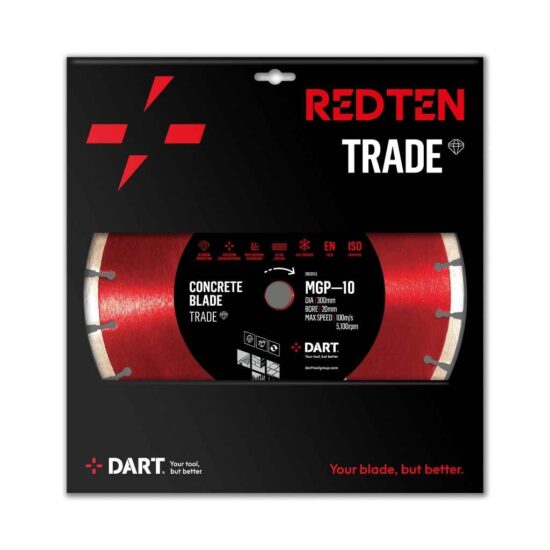 Packaging for the DART DB00165 Red Ten MGP-10 Diamond Blade 350mm x 20B displays a large segmented saw blade, with bold red and white text on black highlighting the model and key specs.