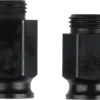 Two black, metal, hexagonal bicycle valve adapters with threaded tops stand upright side by side on a white background. They resemble parts from the Bosch 2608584682 Power Change Adapter Nut Set, 6 PCS; one is slightly taller than the other.
