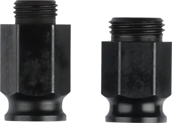 Two black, metal, hexagonal bicycle valve adapters with threaded tops stand upright side by side on a white background. They resemble parts from the Bosch 2608584682 Power Change Adapter Nut Set, 6 PCS; one is slightly taller than the other.