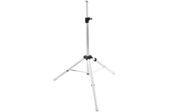 A silver, adjustable tripod stand with three legs splayed out for stability and a central pole featuring a locking mechanism.