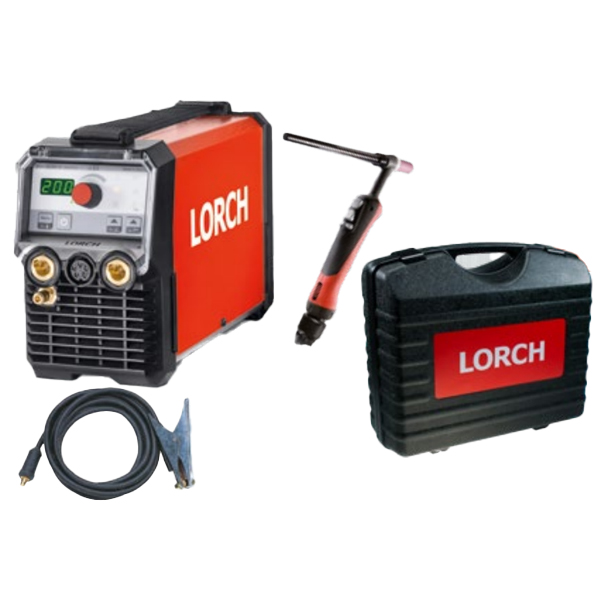 Lorch MicorTIG 200 BasicPlus set for the assembly, featuring a red and black unit, welding torch, cable with clamp, and black carrying case—all shown on a white background.