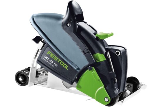 A Festool DSC-AG 125 cutting tool featuring a black, green, and silver body with a retractable guard and handle, designed for professional construction or woodworking tasks.