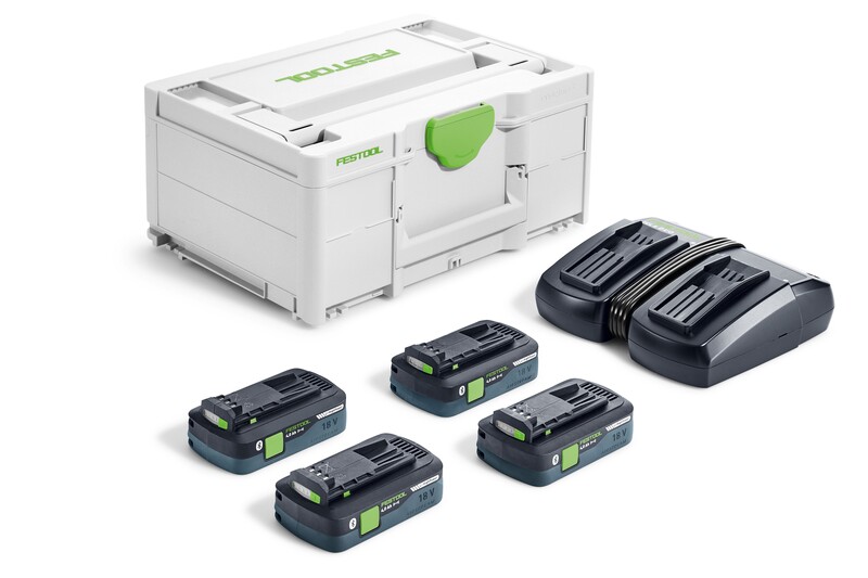 A Festool storage case, four rechargeable batteries, and a dual battery charger are displayed on a white background.