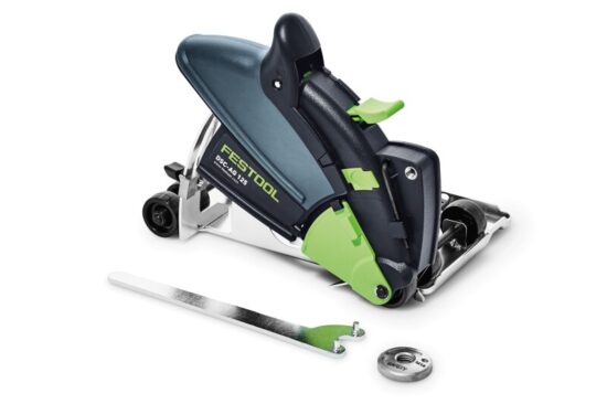 A Festool plunge cut track saw with a black and green handle, shown alongside an adjustment tool and a circular blade attachment, all placed on a white background.