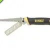 A DeWalt folding jab saw with a black and yellow handle, featuring two serrated blades—one extended and one partially open. The handle displays the DeWalt logo. A green NEW label is positioned in the top left corner.