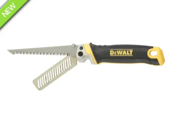 A DeWalt folding jab saw with a black and yellow handle, featuring two serrated blades—one extended and one partially open. The handle displays the DeWalt logo. A green NEW label is positioned in the top left corner.