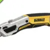 A DeWalt utility knife with a yellow and black handle, featuring a retractable blade and a metal body. The DEWALT logo is visible on the tool, and there is a green NEW label in the top left corner.