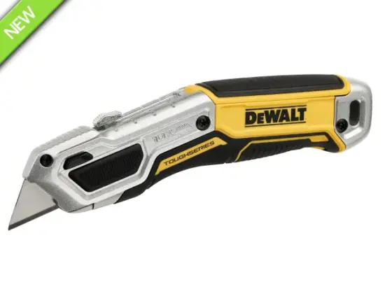 A DeWalt utility knife with a yellow and black handle, featuring a retractable blade and a metal body. The DEWALT logo is visible on the tool, and there is a green NEW label in the top left corner.