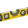 The DeWalt DHT043003 Torpedo Level 25cm (10in) is yellow with three bubble vials for horizontal, vertical, and angled readings, plus black rubberized handles on both ends.