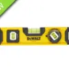 A yellow DEWALT spirit level with three bubble vials and black handles on both sides. A green banner in the top left corner displays the word NEW.