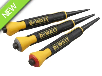 Three yellow and black DEWALT marking tools with pointed ends and labeled handles are arranged diagonally. A green banner in the top left corner reads NEW.