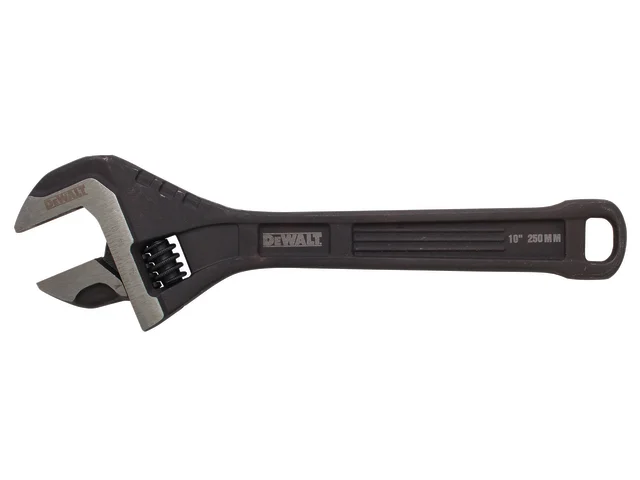 A black adjustable wrench, DEWALT 10” 250 MM, pairs perfectly with the DeWalt DHT016065 Side Strike Chisel 25mm (1in) for a versatile toolkit.