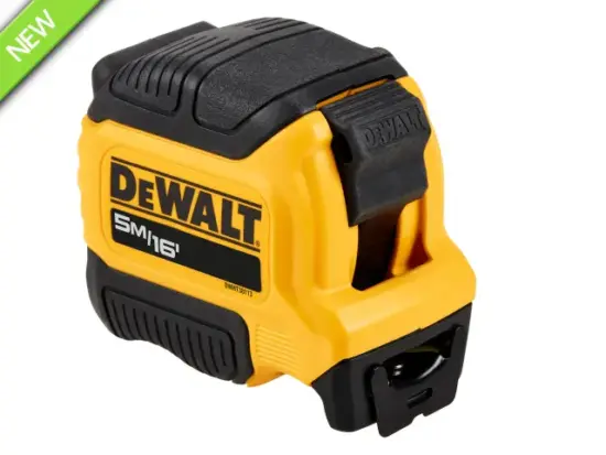 A yellow and black DeWalt 16-foot tape measure is shown on a white background.