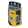 A plastic case with a transparent lid contains 50 utility knife blades. The case features yellow and black labels indicating x50 and 10x and has hanging holes at the top.
