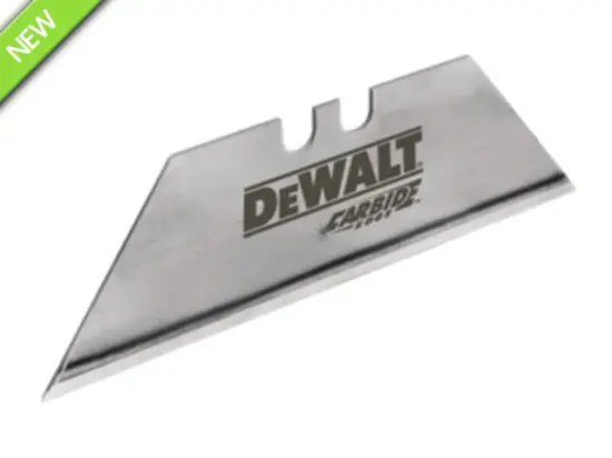 A single DEWALT carbide utility knife blade with sharp edges, a metallic finish, and the DEWALT logo printed on the side. A green label is displayed in the top left corner.