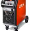 The Lorch R 300 ControlPro is a red and black welding machine on wheels with a display panel, knobs, and cables—ideal for any workshop. The LORCH brand name is visible on its side.