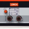 Front view of the Lorch HR 200 ControlPro for the workshop, featuring a digital display screen, three orange dials, and black and white setting labels—perfect for making precise adjustments in any workshop environment.