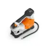 The Stihl KOA 20 Cordless Air Compressor, Inc AS2 Battery & AL1 Charger, features a digital display, control buttons, orange and white body, black handle, and a connected hose; shown on a white background.