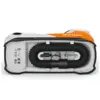 The Stihl KOA 20 Cordless Air Compressor, Inc AS2 Battery & AL1 Charger is shown from the bottom with a coiled black hose neatly stored inside its white and orange casing, highlighting connectors and labels.