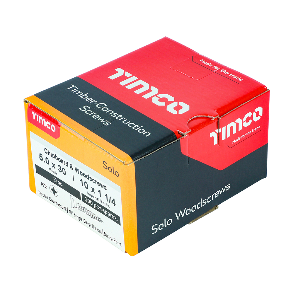 A box of TimCo Solo Woodscrews, Pozi Countersunk 5.0x30mm (Box of 200), suitable for timber construction, in red and black packaging labeled Chipboard & Woodscrews.