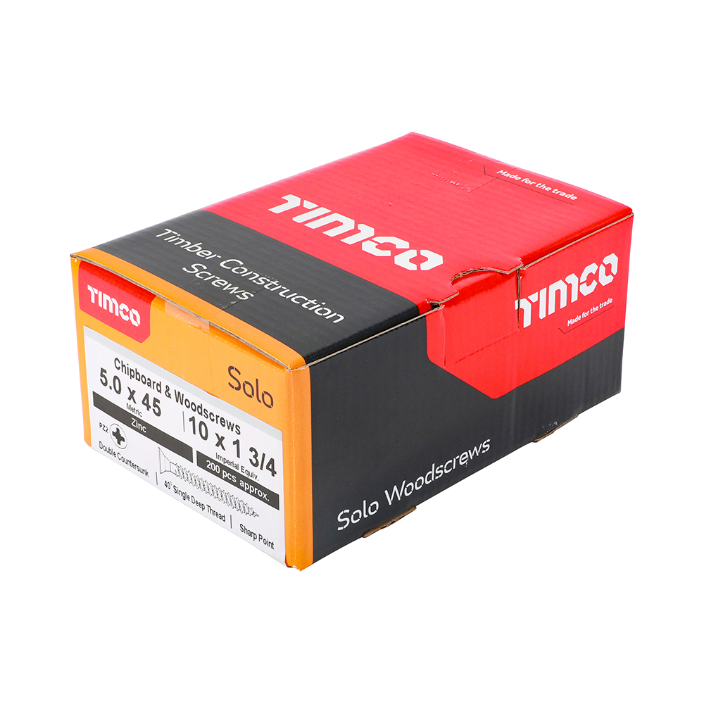 A box of 200 TimCo Solo Woodscrews, Pozi Countersunk 5.0x30mm, in red, black, and orange packaging.