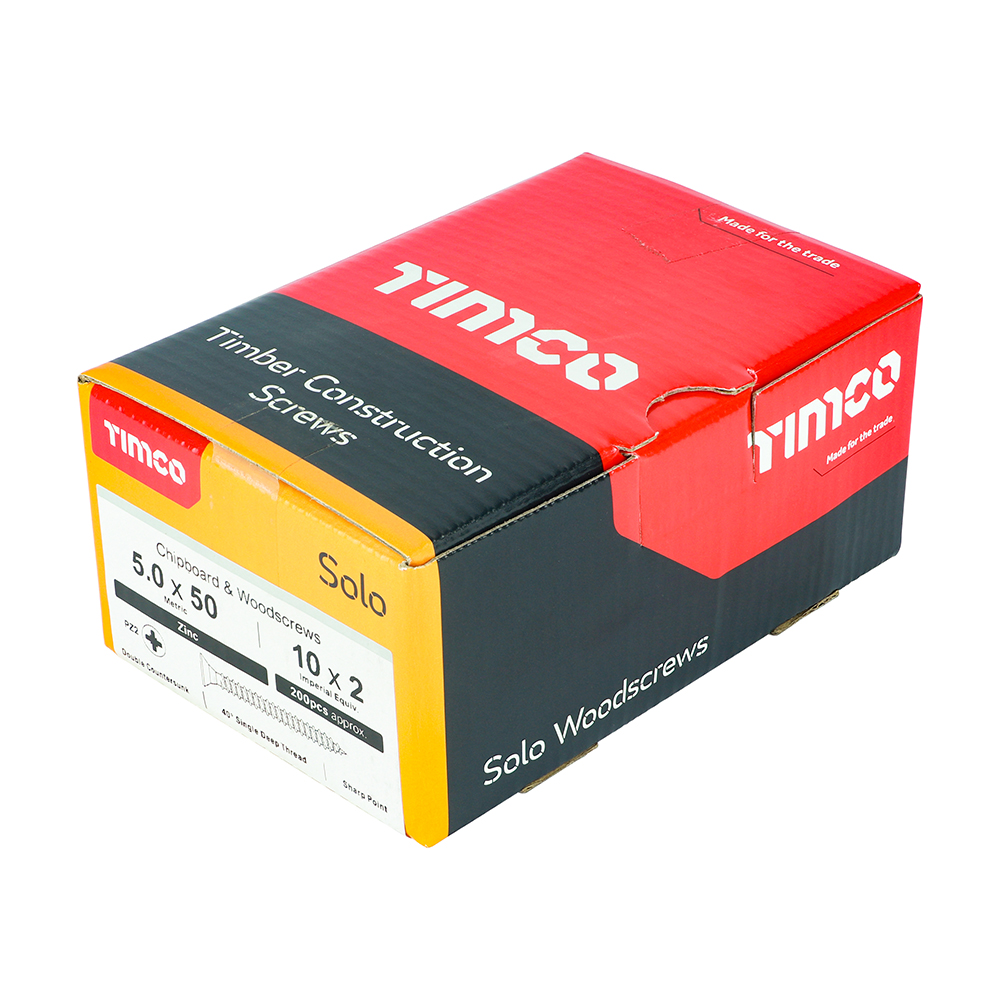 A box of TimCo Solo Woodscrews with Pozi Countersunk 5.0x30mm screws, 200 pieces per box—ideal for timber construction.